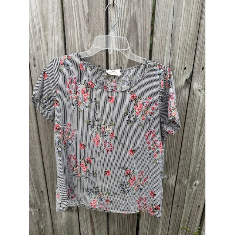 Cottagecore Floral Les Amis Top Small Black White Pink Striped Blouse T0760-BE
